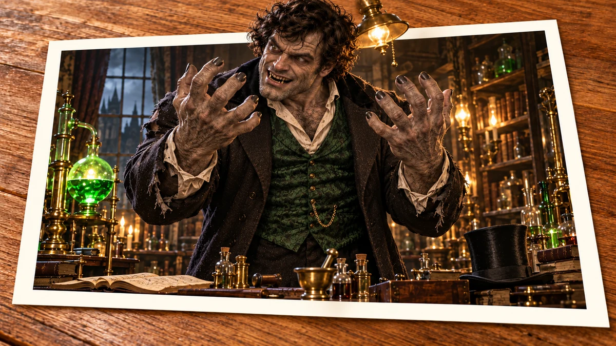 Photo collage: Man in torn clothing examining his enlarged hands in a laboratory with glowing green liquid.