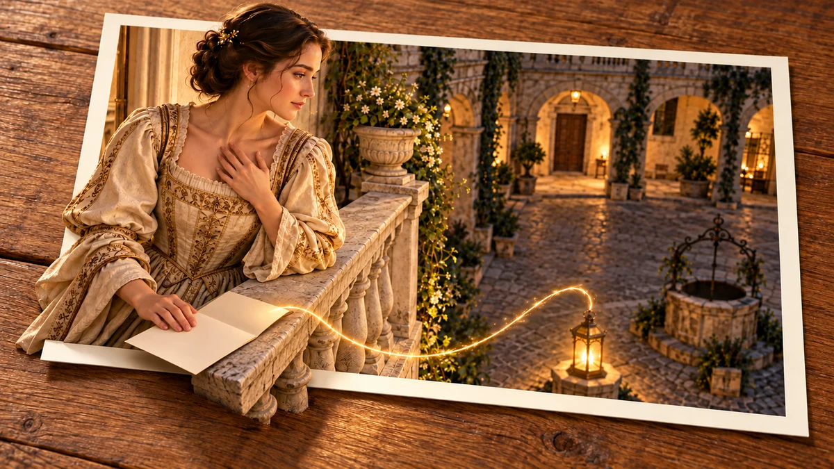 Photo collage: Woman in historical dress with an open book on a balcony above a flower-filled courtyard.