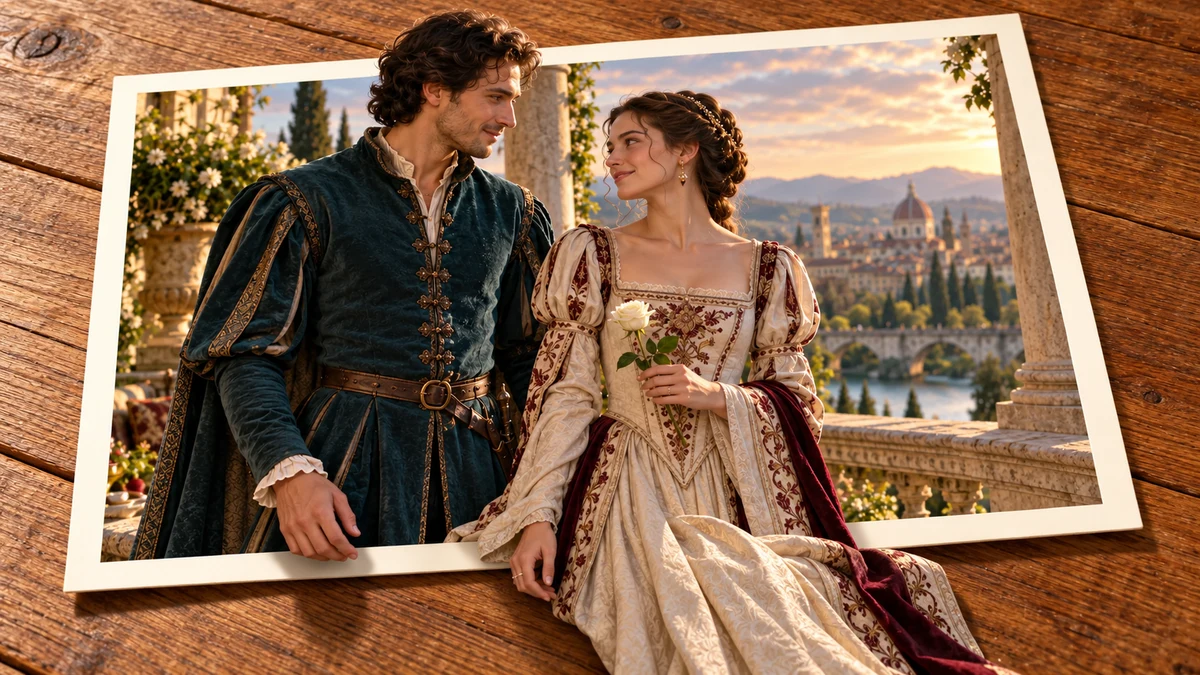 Photo collage: Couple in historical clothing on a balcony; the woman holds a white rose above a city in evening light.