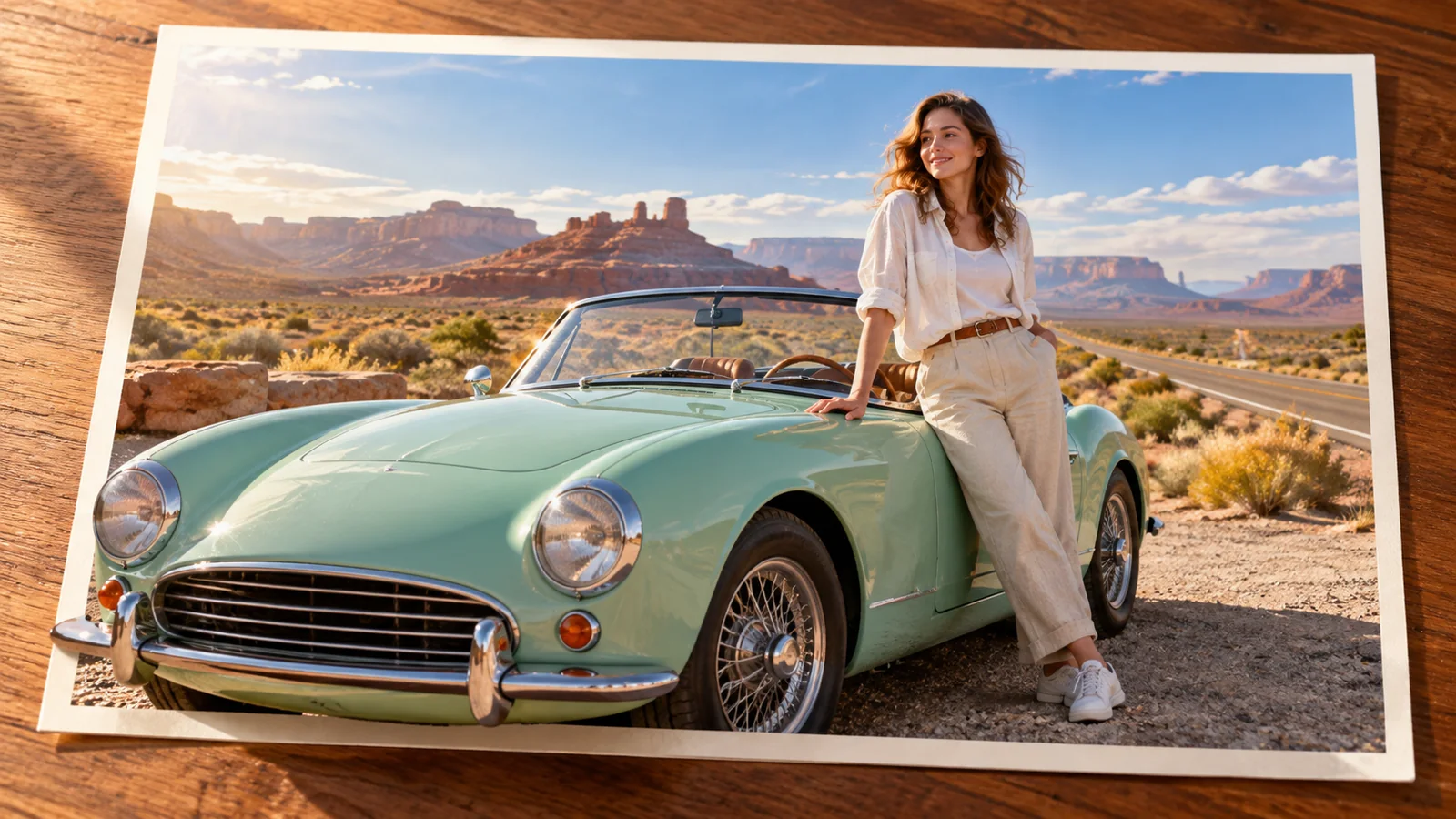 A woman stands beside a mint-green convertible by a desert highway; the front of the car emerges from the photograph.