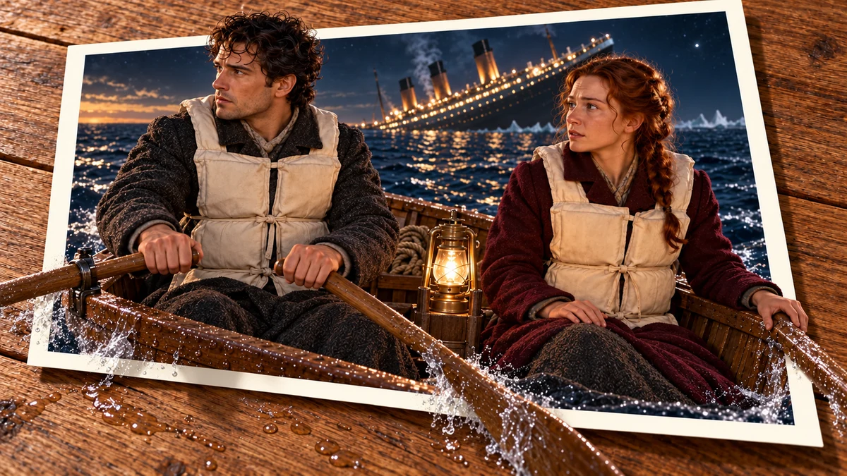 Photo collage: Man and woman in life jackets in a rowing boat, with a lantern between them and an ocean liner behind.
