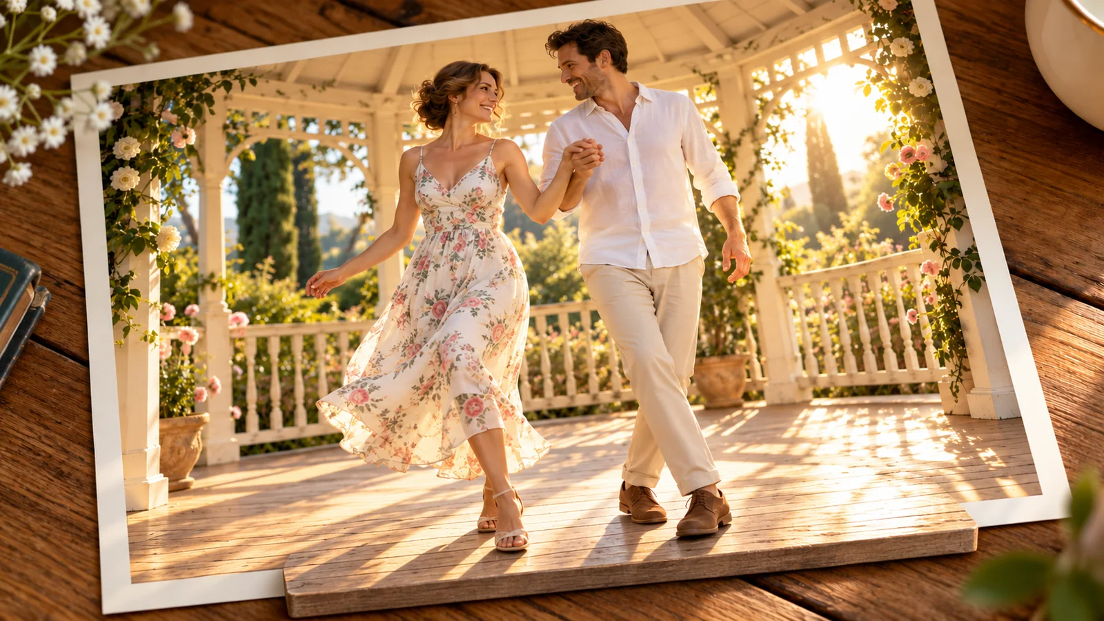 Two adults dance in a sunny garden gazebo; a section of wooden floor projects beyond the photograph.