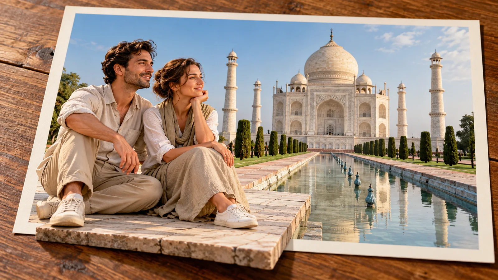 Two adults sit in front of the Taj Mahal; their stone seating area extends beyond the photograph.
