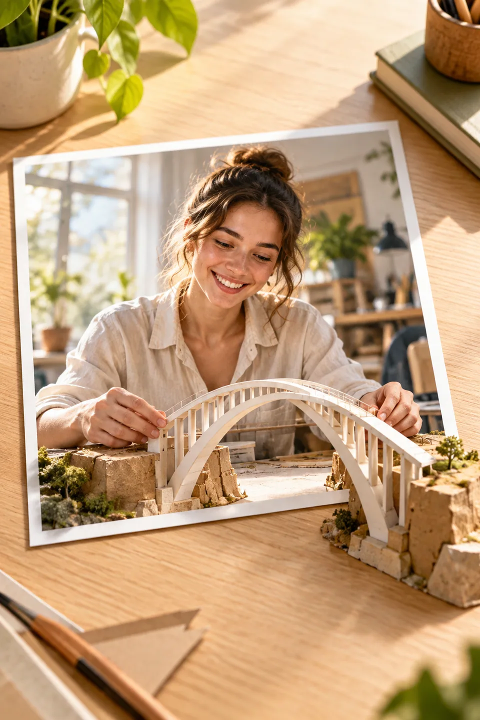 Illustration eines persönlichen Abschlussprojekts; der Bogen eines Architekturmodells reicht über den Rand des Fotos hinaus.