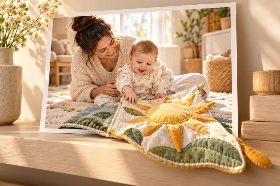 Illustration einer gemeinsamen Entdeckung im ersten Babyjahr; eine Stoffbuchseite mit einer weichen Sonne ragt aus dem Foto hervor.