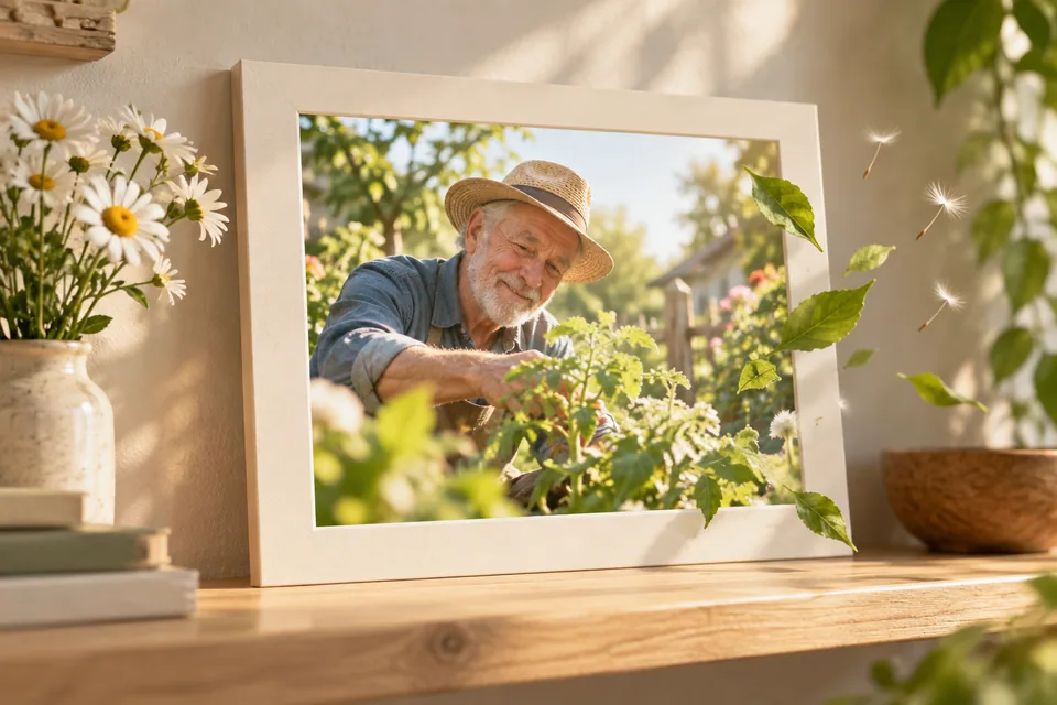 Illustration eines ruhigen Gartenporträts eines älteren Mannes, aus dessen Bildrand Blätter und Löwenzahnsamen hervortreten.
