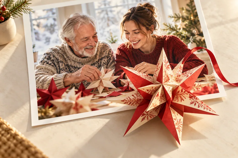 Illustration eines gemeinsamen Weihnachtsrituals mit gefalteten Sternen; ein großer Papierstern ragt aus dem Familienfoto heraus.