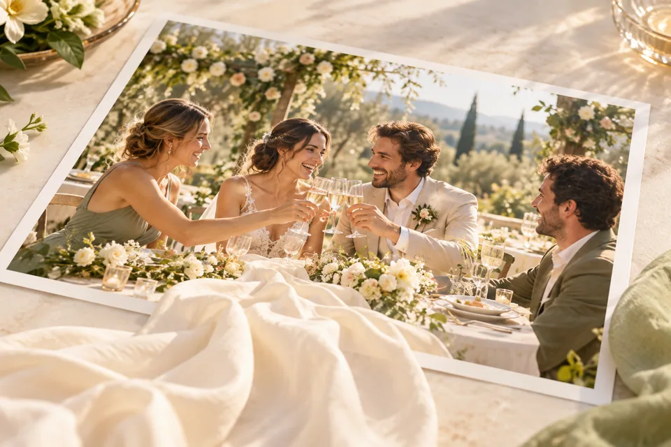 Illustration eines kurzen Hochzeitstoasts mit Brautpaar und zwei Gästen; ein heller Tischläufer fließt aus dem Foto in den Vordergrund.