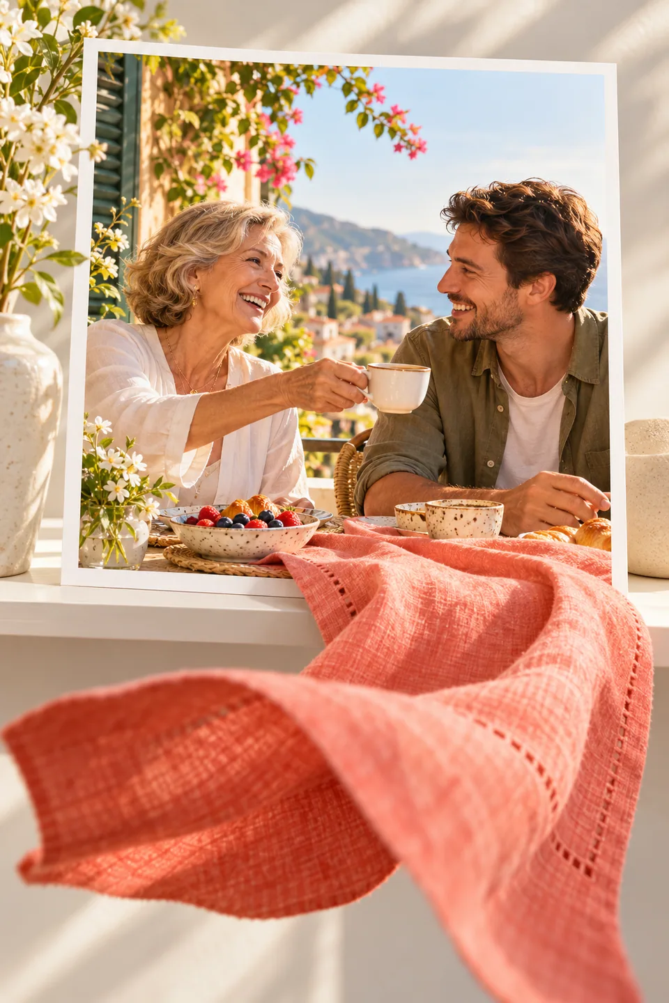 Illustration einer Frühstückserinnerung mit Mutter und erwachsenem Sohn; eine korallfarbene Serviette weht räumlich aus dem Foto.