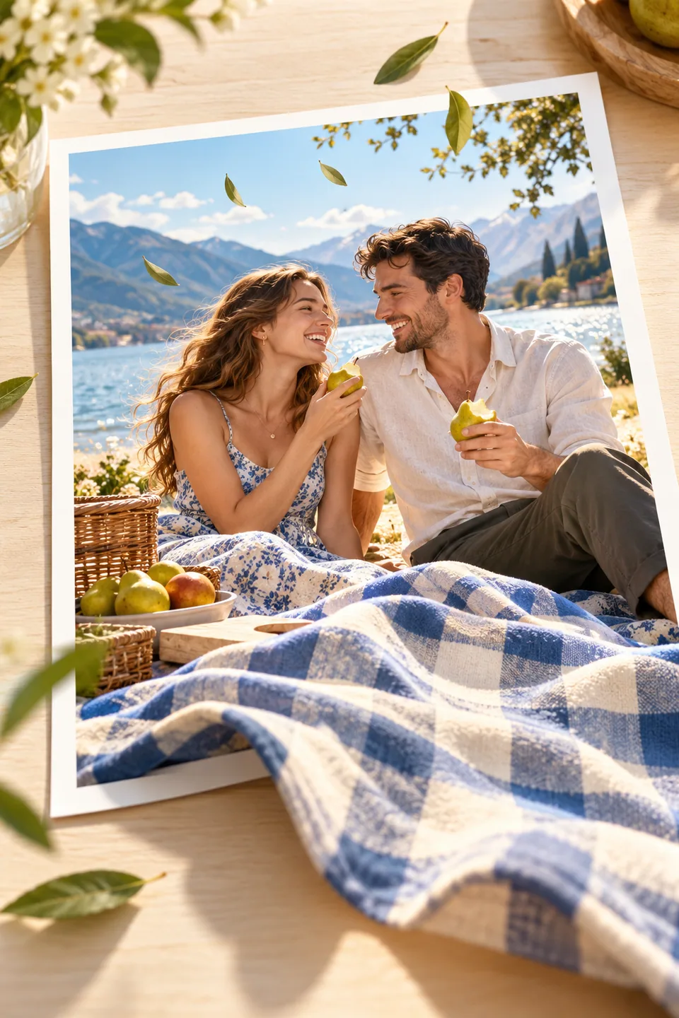 Illustration einer persönlichen Picknickerinnerung am See; eine blau-weiße Decke weht aus dem Foto in den Vordergrund.