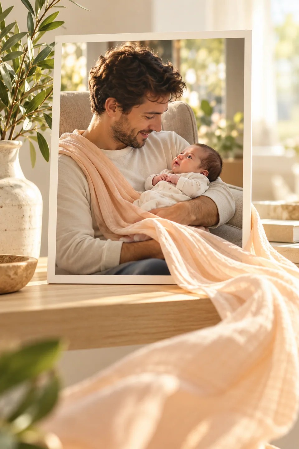 Illustration eines ruhigen Moments mit Vater und Neugeborenem; ein apricotfarbenes Schultertuch weht aus dem Foto in den Vordergrund.