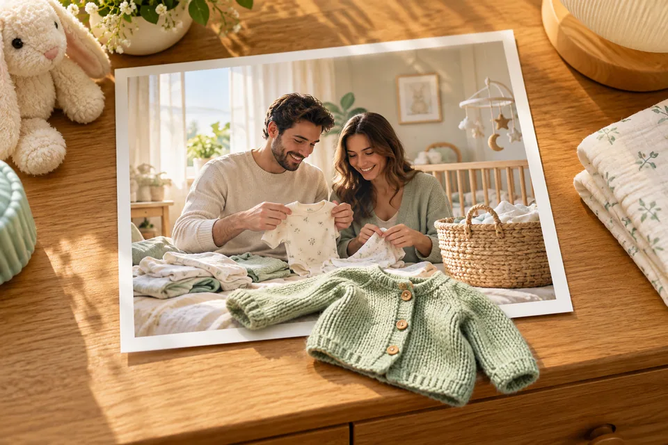 Illustration der Vorbereitungen auf ein Baby; eine kleine mintgrüne Strickjacke tritt aus dem Foto der gefalteten Babykleidung hervor.