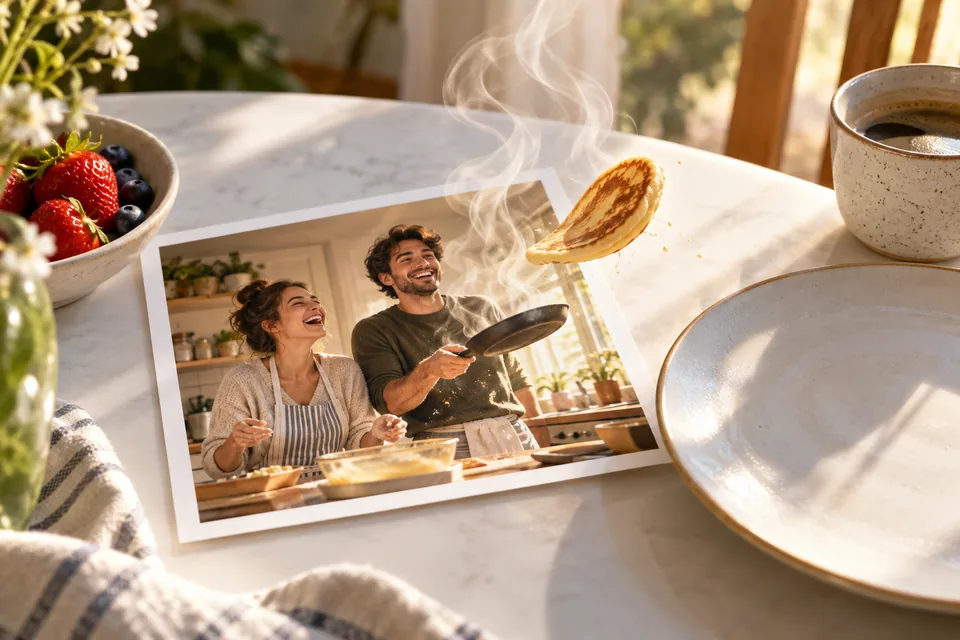 Illustration einer gemeinsamen Frühstückserinnerung: Dampf und ein geworfener Pfannkuchen treten aus dem Foto hervor.