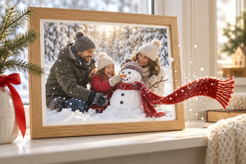 Illustration eines winterlichen Familienfotos, aus dem Schneeflocken und ein roter Schal über den Rahmen hinausragen.