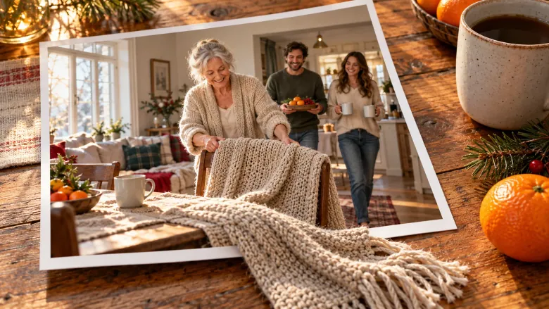Eine Familie kommt zum Weihnachtsfrühstück zusammen; eine Strickdecke ragt aus einem Foto auf den Tisch.
