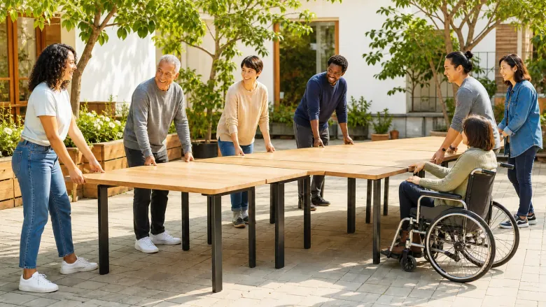 Aus vielen Tischen wird eine Tafel: Jeder Haushalt bringt ein Stück mit, bis im Hof ein echter gemeinsamer Platz entsteht.
