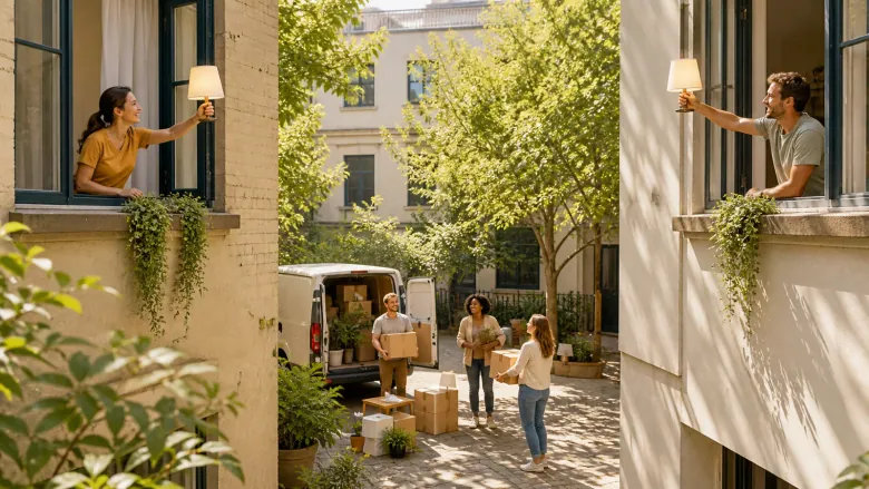 Da finestra a finestra: Un segnale di luce familiare trasloca e unisce il vecchio cortile alla nuova casa.