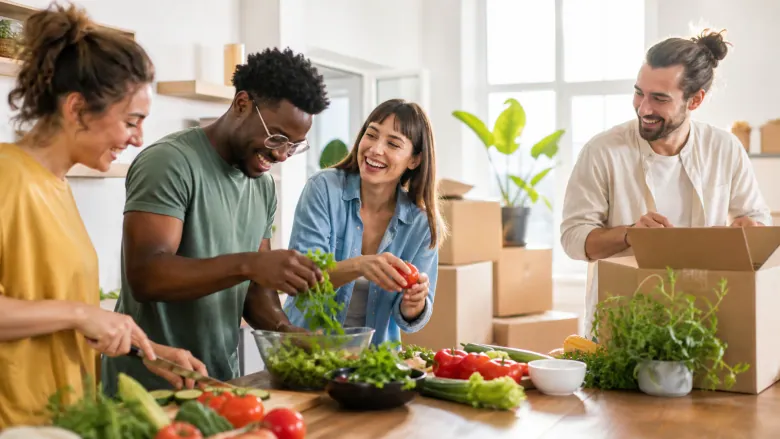 The orchestra of the first meal: Chopping, unpacking and laughter become an original soundtrack for the first meal in a new home.