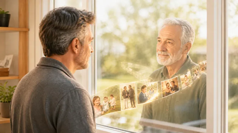 Man facing an older future reflection at a window with glowing family photographs