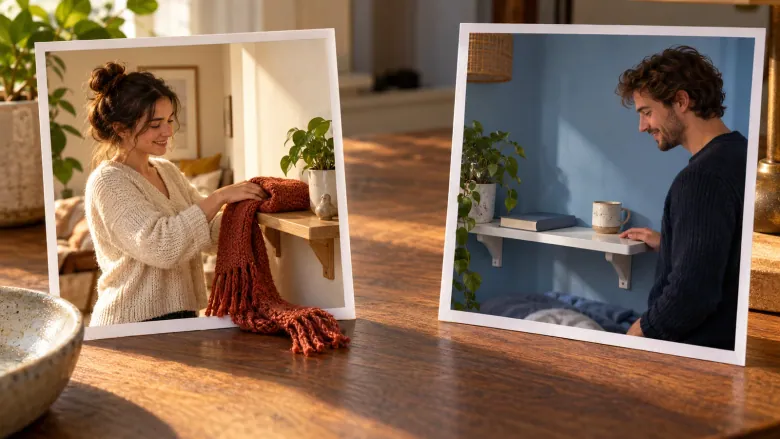 Two photos show a couple with small shelves in separate homes, with a scarf draping out of one photo onto the table.