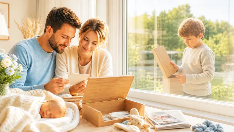 Family recording messages beside a baby and keepsake box in a bright home