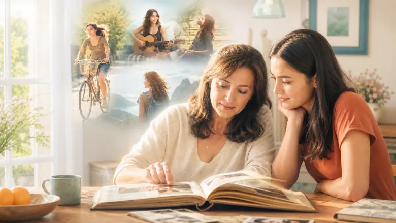 Mother looking at bright photographs from her youth and family life