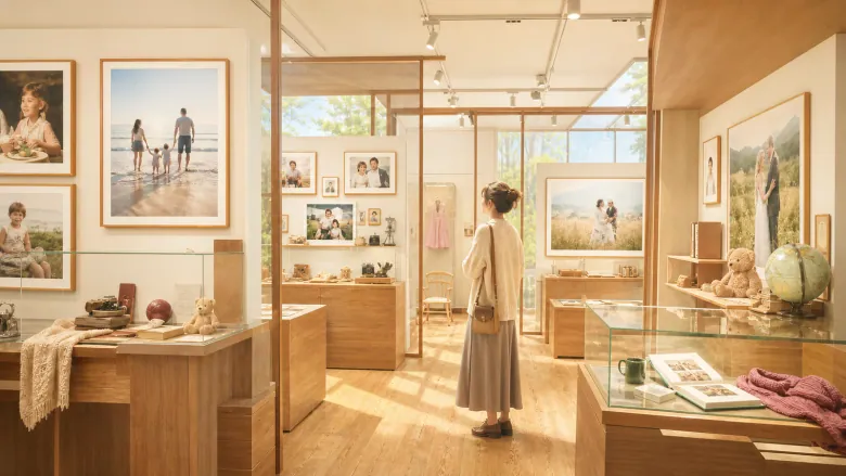 Woman visiting a warmly lit museum made from family photographs and personal objects