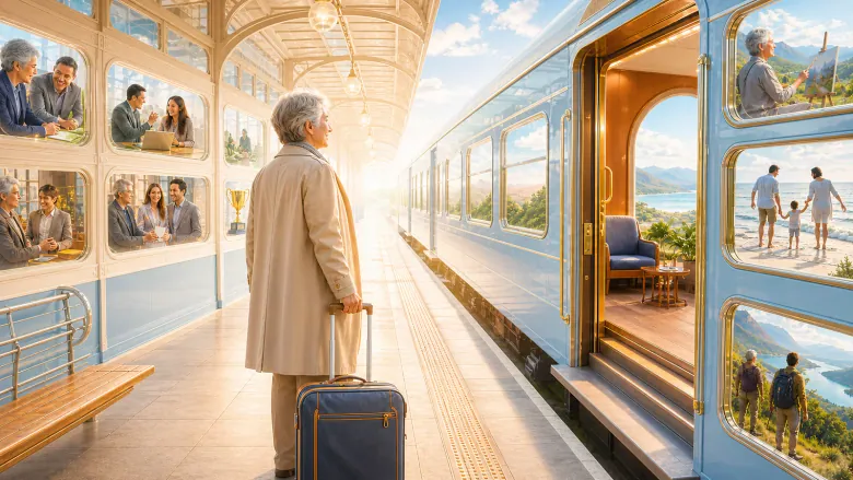 Retiree on a bright platform between work memories and new journeys