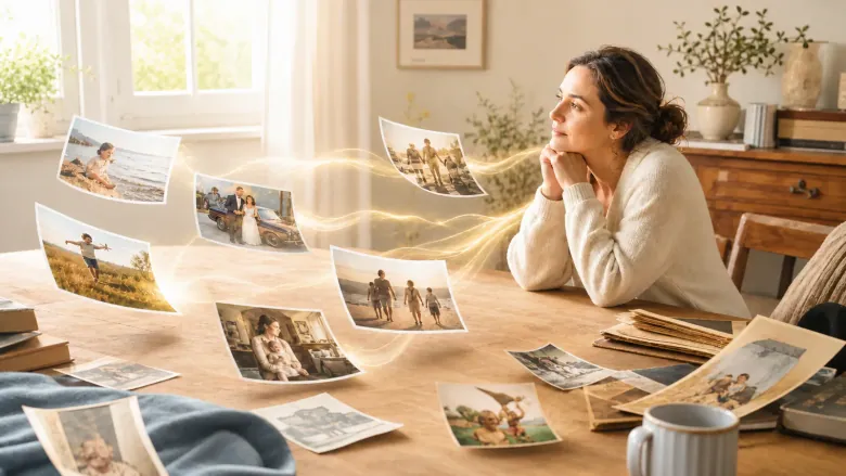 Family photographs floating above a table toward a woman listening closely
