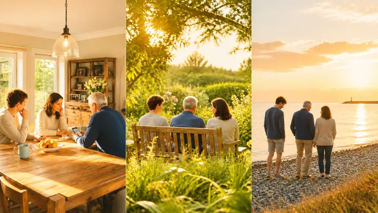 Family remembering a loved one in a bright kitchen, green garden and warm seaside