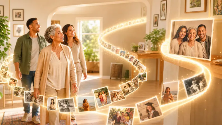 Bright photo mosaic of many life moments around a celebrating family