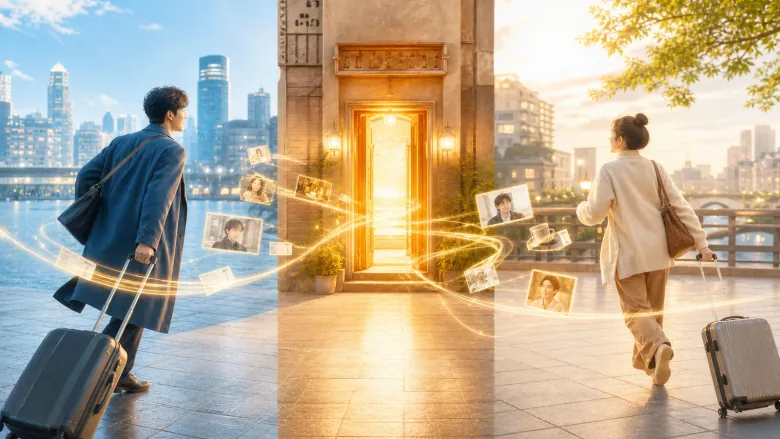 Couple connecting two sunny cities through journeys and a bright shared home