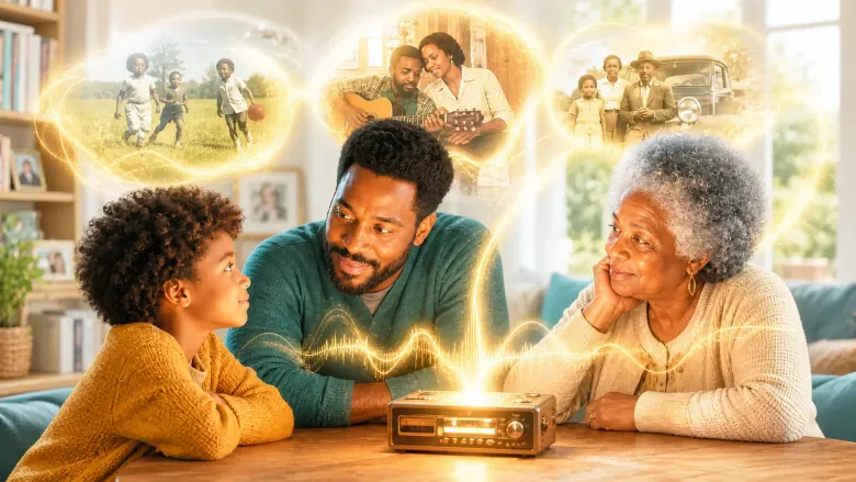 Three generations listening to family recordings together in a bright living room
